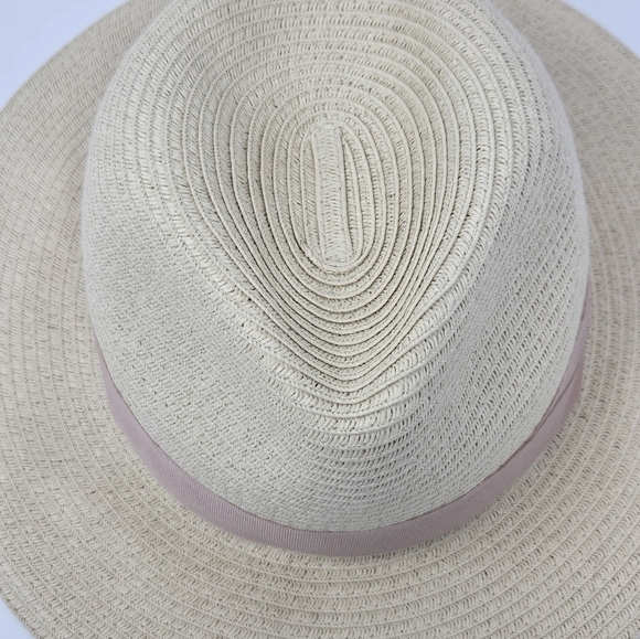 H&M NATURAL PAPER STRAW CREAM FEDORA DUSTY ROSE PINK RIBBON BAND WOMEN LARGE 58 - Picture 7 of 12